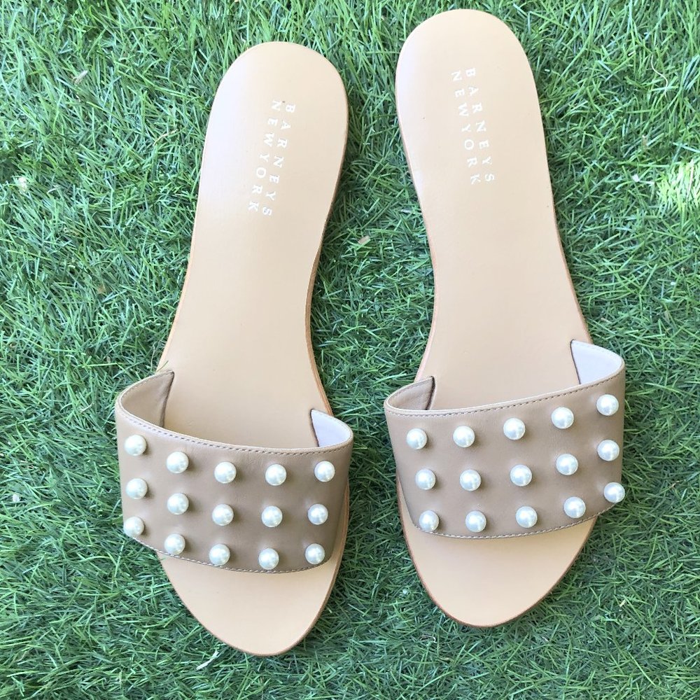 Barneys New York Pearl Leather Slide Sandals 8 1/2